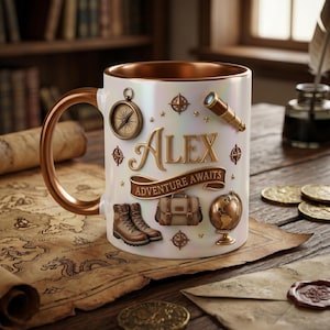 Taza "La aventura te espera", regalo de viaje personalizado, taza de café con nombre personalizado, taza de explorador vintage, regalo de graduación para él, taza para amantes de los viajes y la naturaleza.