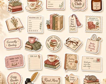 May include: A collection of twenty-five die-cut stickers featuring illustrations of books, teacups, reading logs, library cards, candles, and cozy reading accessories in a muted color palette with vintage-inspired floral and botanical accents.