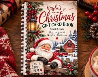Personalized Christmas Gift Card Book, Santa Farmhouse Gift Card Holder, Custom Name Spiral Book, Holiday Stocking Stuffer