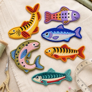Sardines Embroidered Patch Set Cute Tinned Fish Iron On Applique Colorful Vintage Seafood Badge for Jackets Bags Hats Decor