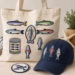 Sardines Embroidered Patch Set Cute Tinned Fish Iron On Applique Colorful Vintage Seafood Badge for Jackets Bags Hats Decor
