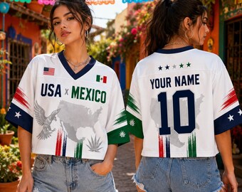 Custom Mexico USA Binational Croptop Football Jersey, Half and Half Soccer Croptop Jersey, USA Mexico Soccer Jersey, USA Mexico Soccer Shirt