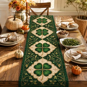 May include: A rectangular table runner featuring a repeating pattern of large green four-leaf clovers centered within cream-colored diamond shapes, surrounded by intricate green vine and leaf motifs on a dark green quilted fabric background.