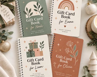 May include: Four spiral-bound gift card books with personalized covers. The green book says Gift Card Book for Noah, the cream book says Gift Card Book for Emma, the white book says Gift Card Book for Liam, and the terracotta book says Gift Card Book for Olivia.