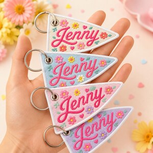 Pennant Name Embroidered Keychain, Personalized Gingham Patch Key Ring, Custom Backpack Name Tag For Kid, Colorful Bag Charm, Small Gift