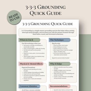Op de afbeelding: Een 3-3-3 Grounding Quick Guide informatieblad met een kleurenpalet van saliegroen en crème. Het document bevat secties met de titels When to Use It, The Technique, Physical & Mental Effects, Why It Helps, Common Mistakes en Recommendations.