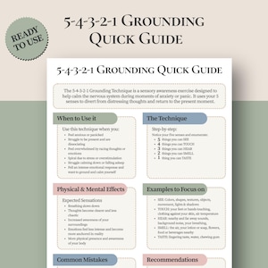 Puede incluir: Un papel blanco titulado "5-4-3-2-1 GROUNDING QUICK GUIDE" con texto y viñetas. La guía está diseñada para ayudar a controlar la ansiedad y el pánico. Una pegatina circular verde con las palabras "READY TO USE" está en la esquina superior izquierda.