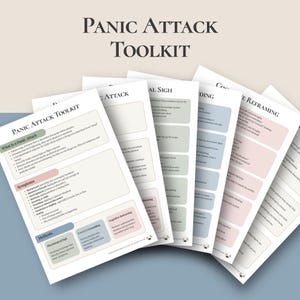 May include: A set of information sheets labelled "Panic Attack Toolkit". The sheets feature sections on panic attacks, symptoms, and methods. The colour scheme includes white, blue, green, and pink, with text in a serif font.