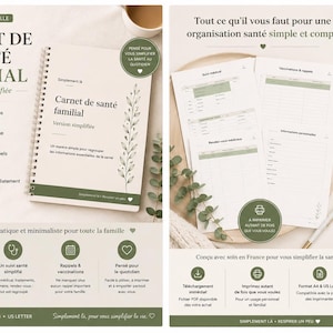 Könnte beinhalten: Ein Familien-Gesundheitsjournal mit Spiralbindung, minimalistischem Design und grünen Akzenten. Das Journal enthält Abschnitte für medizinische Informationen, Impfungen und Erinnerungen. Der Text auf dem Cover lautet "Familien-Gesundheitsjournal, vereinfachte Version."
