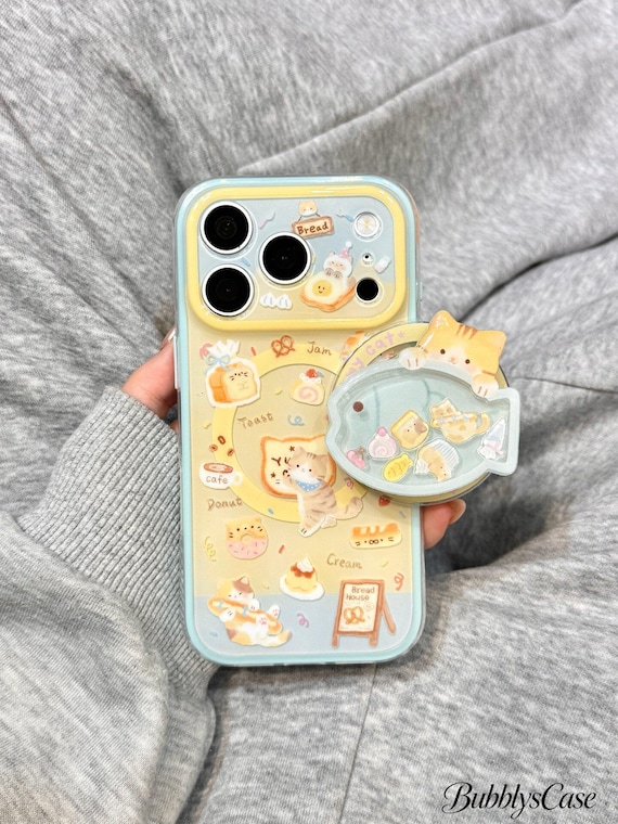 Cute Bread House Cat MagSafe iPhone Case, Fish Shape Quicksand Shaker Magnetic Stand, Kawaii Bakery Phone Cover for iPhone 17 16 15 Pro Max