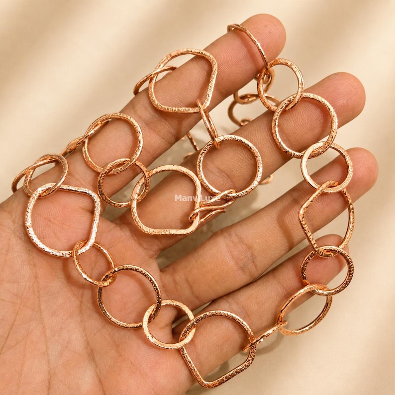 Pure Copper Textured Link Chain, Hammered Geometric Circle & Teardrop ...