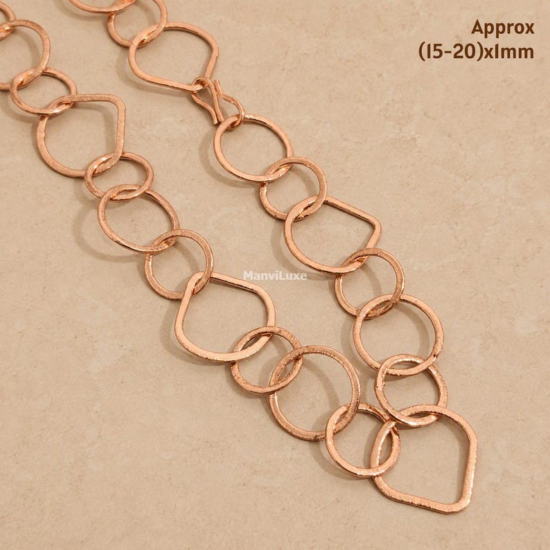 Pure Copper Textured Link Chain, Hammered Geometric Circle & Teardrop ...