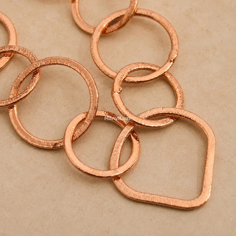 Pure Copper Textured Link Chain, Hammered Geometric Circle & Teardrop ...
