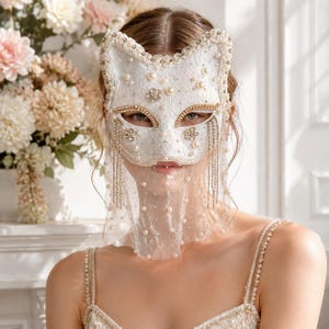 Elegant Pink Lace Cat Mask with Pearl Accents Pink Fancy Dress Mask - Cat Carnival Mask - Finely Hand  main image 3