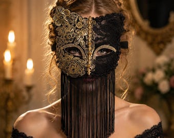 Maschera di Carnevale in pizzo con gatto nero, strass dorati, frange floreali, per Halloween, ballo di Carnevale, gala, cosplay, moda, servizio fotografico, festa, styling