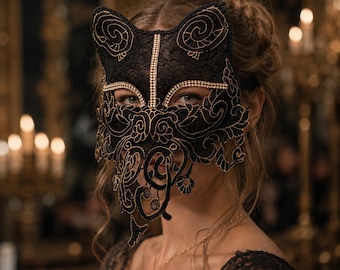 Elegante maschera da gatto in pizzo per donna, accessorio per costume di Halloween, maschera gotica per feste, balli, gala, cosplay, trucco, maschera per ballo