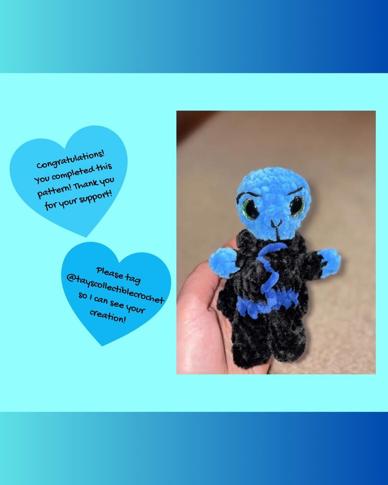 May include: A handmade blue and black crochet doll with green eyes. The doll has blue arms and head, and a black body with blue accents. The image also includes two blue heart-shaped graphics with text.
