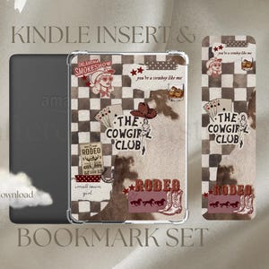 May include: Kindle Insert and Bookmark Set with a cowgirl theme. The insert features a brown and white cowhide pattern, a checkered background, and the text "THE COWGIRL CLUB" and "RODEO". The bookmark has a matching design.