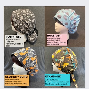 May include: Four different styles of fabric scrub caps are displayed. The styles include a ponytail cap with adjustable ties, a bouffant cap, a slouchy euro cap, and a standard cap. Each cap is on a mannequin head. The text on the image describes each cap.