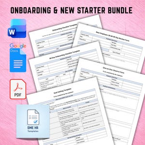 Könnte beinhalten: Ein Onboarding & New Starter Bundle mit mehreren gedruckten Dokumentvorlagen, darunter eine Onboarding-Checkliste, eine 90-Tage-Onboarding-Checkliste, ein 30-60-90-Tage-Bewertungsformular, ein Check-in-Formular und eine Zielsetzungsvorlage.