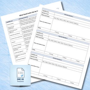 Op de afbeelding: Twee witte papieren documenten met zwarte teksttabellen voor HR-interviews. E&eacute;n blad bevat competentiegebieden zoals communicatie en teamwerk. Het andere blad biedt gestructureerde secties voor interviewvragen 2, 3 en 4 met velden voor notities, bewijsmateriaal en beoordelingen. Een klein vierkant pictogram toont een document met een blauw vinkje en de tekst SME HR Templates.
