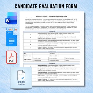 May include: A white Candidate Evaluation Form document featuring a scoring guide with a 1-5 scale, candidate details section, and checkboxes for interview stages. Icons for Word, Google Docs, PDF, and an SME HR Templates logo are displayed.