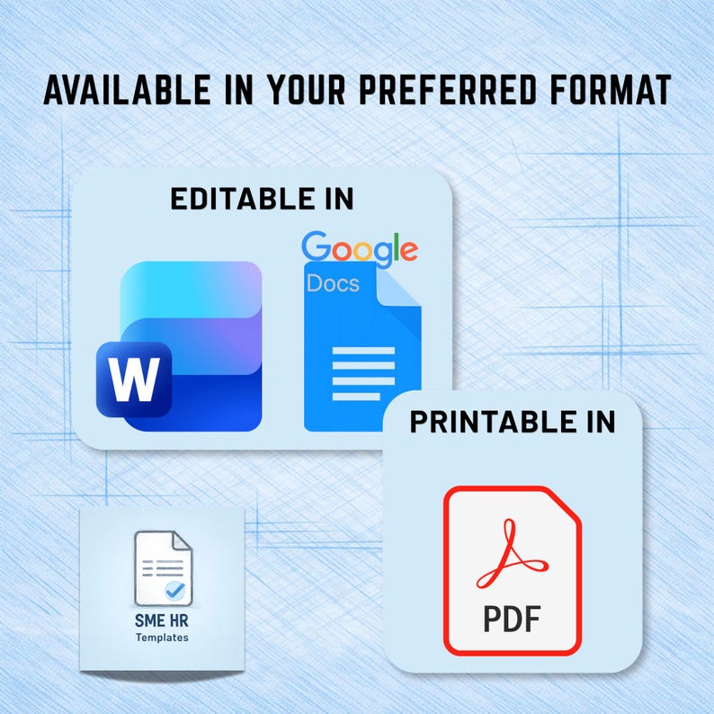 Op de afbeelding: Een digitale afbeelding met de tekst AVAILABLE IN YOUR PREFERRED FORMAT. Het toont iconen voor Microsoft Word, Google Docs en PDF, met de labels EDITABLE IN en PRINTABLE IN, plus een icoon voor SME HR Templates.