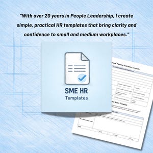 Op de afbeelding: Een lichtblauwe vierkante afbeelding met een documentpictogram, een blauw vinkje en de tekst SME HR Templates. Bovenaan staat de tekst: With over 20 years in People Leadership, I create simple, practical HR templates. Een document is zichtbaar.