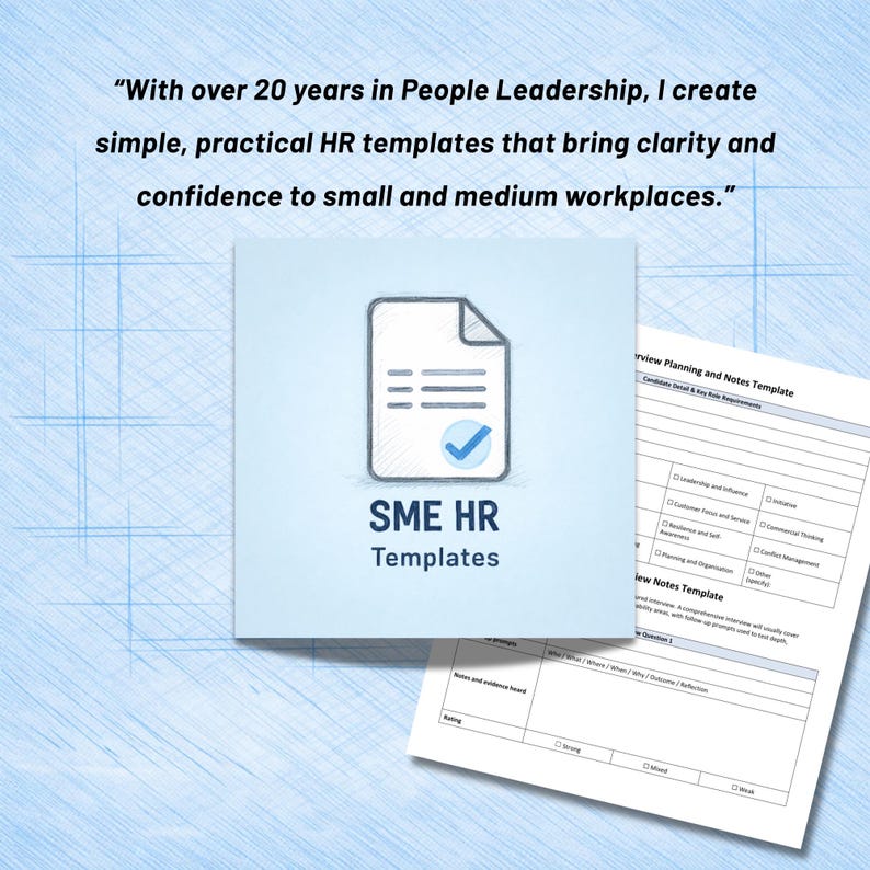 Op de afbeelding: Een lichtblauwe vierkante afbeelding met een documentpictogram, een blauw vinkje en de tekst SME HR Templates. Bovenaan staat de tekst: With over 20 years in People Leadership, I create simple, practical HR templates. Een document is zichtbaar.