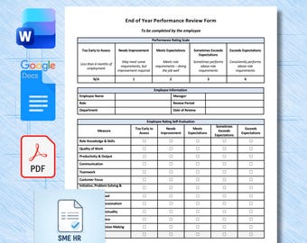 End of Year Performance Review Template, Annual Review Form, Employee Evaluation Form (Word + PDF)