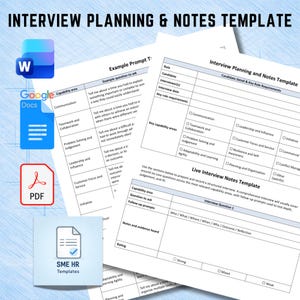 May include: An Interview Planning & Notes Template document featuring sections for candidate details, key role requirements, capability areas, and live interview notes. Icons for Microsoft Word, Google Docs, PDF, and SME HR Templates are visible.