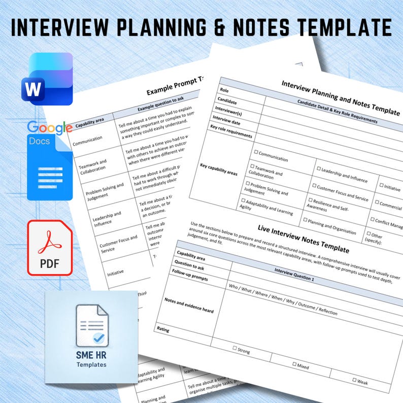 Op de afbeelding: Een sjabloon voor interviewplanning en notities met secties voor kandidaatgegevens, functievereisten, competentiegebieden en interviewnotities. Pictogrammen voor Microsoft Word, Google Docs, PDF en SME HR Templates zijn zichtbaar.