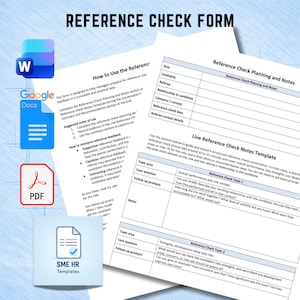Può includere: Un modulo di controllo delle referenze con sezioni per la pianificazione, le note e un modello live. Il documento include intestazioni come Reference Check Planning and Notes e Live Reference Check Notes Template, accompagnate da icone Word, Google Docs, PDF e SME HR Templates.