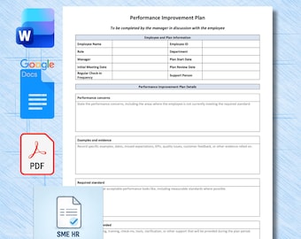 Performance Improvement Plan Template PIP, Employee Performance Form, HR Action Plan (Word PDF)