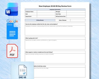 New Employee 30 60 90 Day Review Template, Onboarding Review Form, Probation Check In (Word PDF)