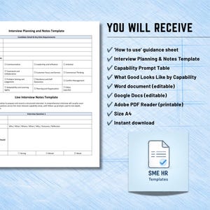 Op de afbeelding: Een A4-sjabloon voor interviewplanning en notities met secties voor kandidaatgegevens, functievereisten en interviewnotities. De tekst bevat 'YOU WILL RECEIVE' gevolgd door een lijst met de inbegrepen digitale bestanden en formaten.