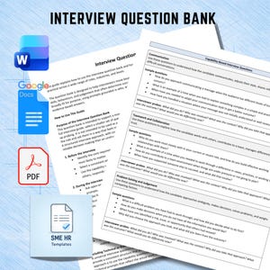 Puede incluir: Un documento impreso titulado INTERVIEW QUESTION BANK que incluye secciones sobre comunicación, trabajo en equipo y resolución de problemas. Los iconos de Word, Google Docs, PDF y SME HR Templates aparecen a la izquierda.