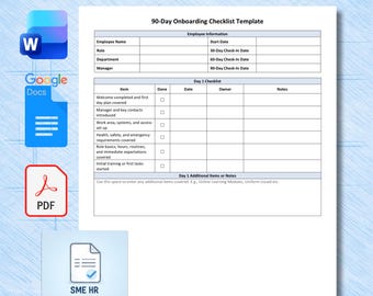 90-Day Employee Onboarding Checklist Template, SME HR Plan (Word + PDF)
