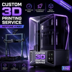 May include: A black Elegoo Neptune 4 Max 3D printer with a transparent enclosure, featuring a digital touchscreen interface and internal components. Text includes Custom 3D Printing Service, Up to 500mm/s Klipper, and Up to 8000mm/s² Accelerations.
