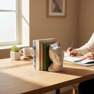 May include: A white sculptural bookend shaped like a classical human head, positioned at the end of a row of three books. The bookend features detailed facial features and hair, providing support for the books on a wooden surface.