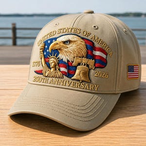 Op de afbeelding: Kleur zandkleurige baseballcap met een geborduurd ontwerp. Het toont een adelaar, de Amerikaanse vlag, de Liberty Bell en de tekst "UNITED STATES OF AMERICA 250TH ANNIVERSARY 1776-2026". Een kleine Amerikaanse vlag patch staat aan de zijkant.