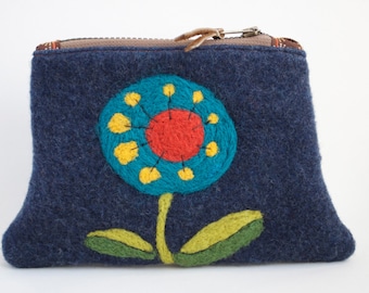 Cheerful Bliss - Wool Handbag with Needle Felted Flower - Zippered Pouch, Purse, Clutch