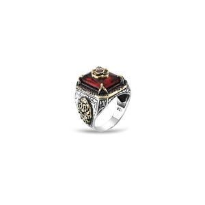 Ruby Red Crystal Rectangular Statement 925 Sterling Silver Men Ring: Two-Tone Ottoman Design