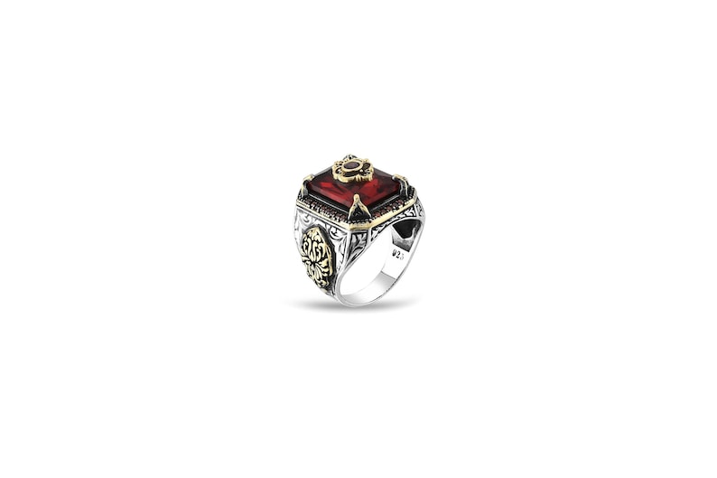 Ruby Red Crystal Rectangular Statement 925 Sterling Silver Men Ring: Two-Tone Ottoman Design image 1