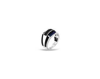 Sapphire Blue Baguette 925 Sterling Silver Ring: Modern Geometric Design for Boys and Men