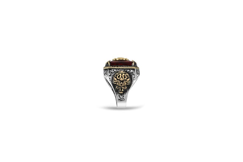 Ruby Red Crystal Rectangular Statement 925 Sterling Silver Men Ring: Two-Tone Ottoman Design image 4