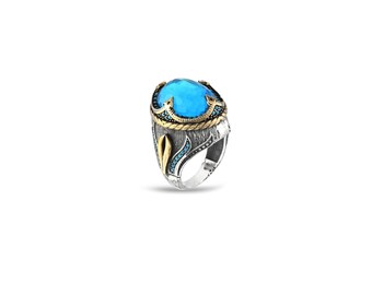 Blue Topaz Oval Statement 925 Sterling Silver Men Ring: Two-Tone Ottoman Design