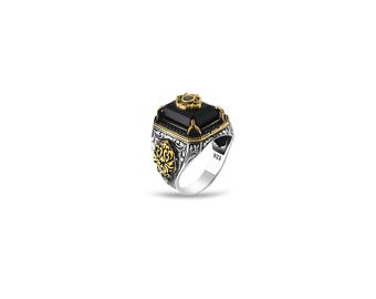 Black Onyx Rectangular Statement 925 Sterling Silver Men Ring: Two-Tone Ottoman Design
