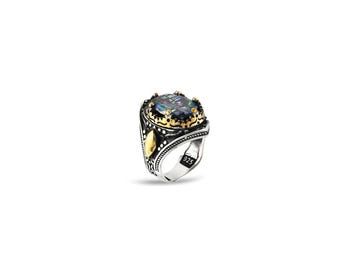 Mystic Topaz Oval Statement 925 Sterling Silver Men Ring: Two-Tone Ottoman Design