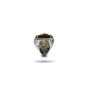 Ruby Red Crystal Rectangular Statement 925 Sterling Silver Men Ring: Two-Tone Ottoman Design image 3